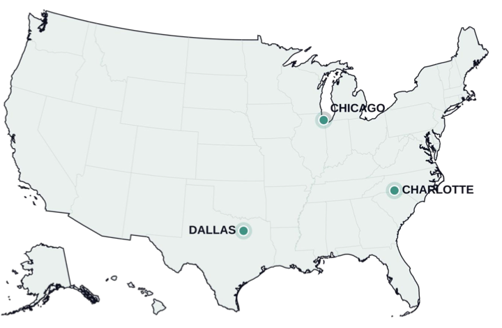 Map of the United States showing Chicago, Dallas and Charlotte